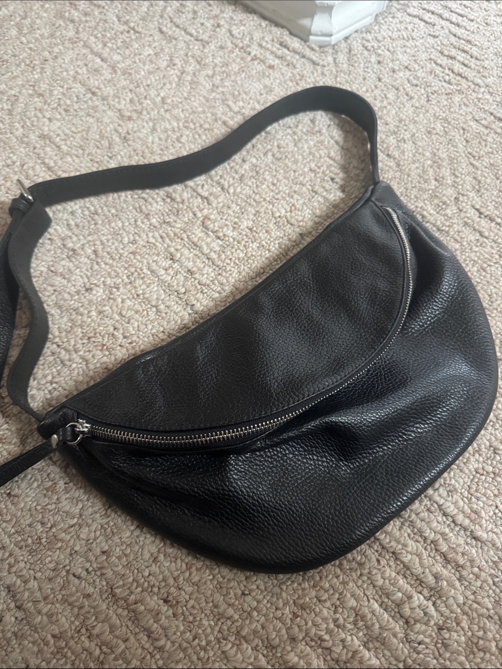 Simons Black Pebbled Leather Belt Bag with Silver Zipper
